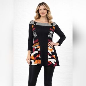 Michael Tyler L Black Graphic Tunic Top Wide Neck Stripe Trim Button Detail